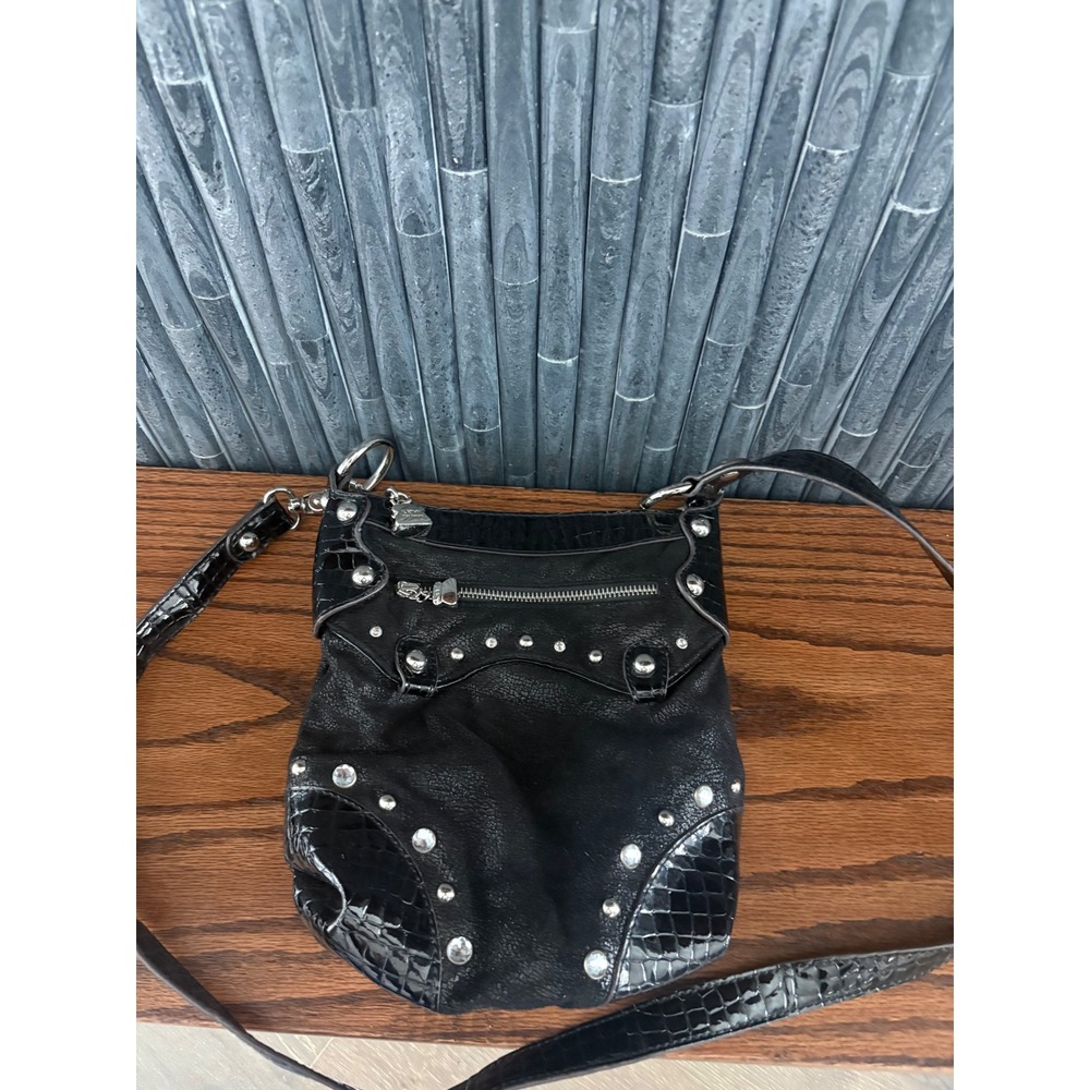 Kathy Van Zeeland Black Croc Studded Crossbody Bag Y2K Silver Hardware